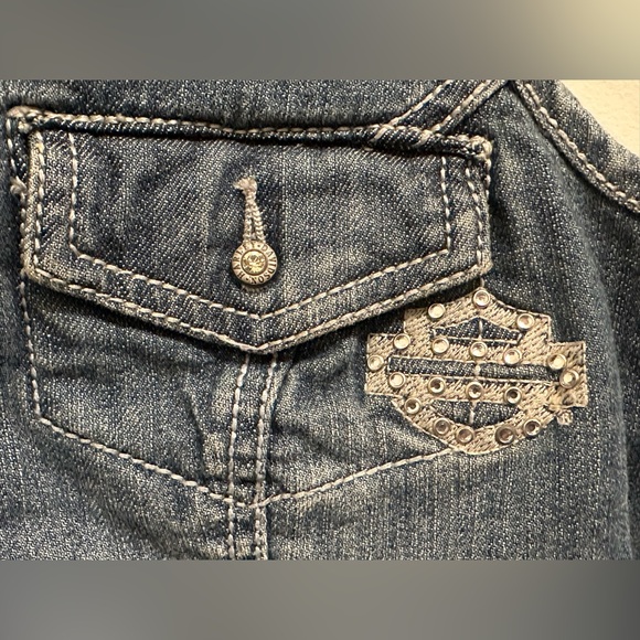 Harley Davidson Women Medium Denim Zip Corset Rhinestone Wing Pocket Vest Y2K - Picture 6 of 8